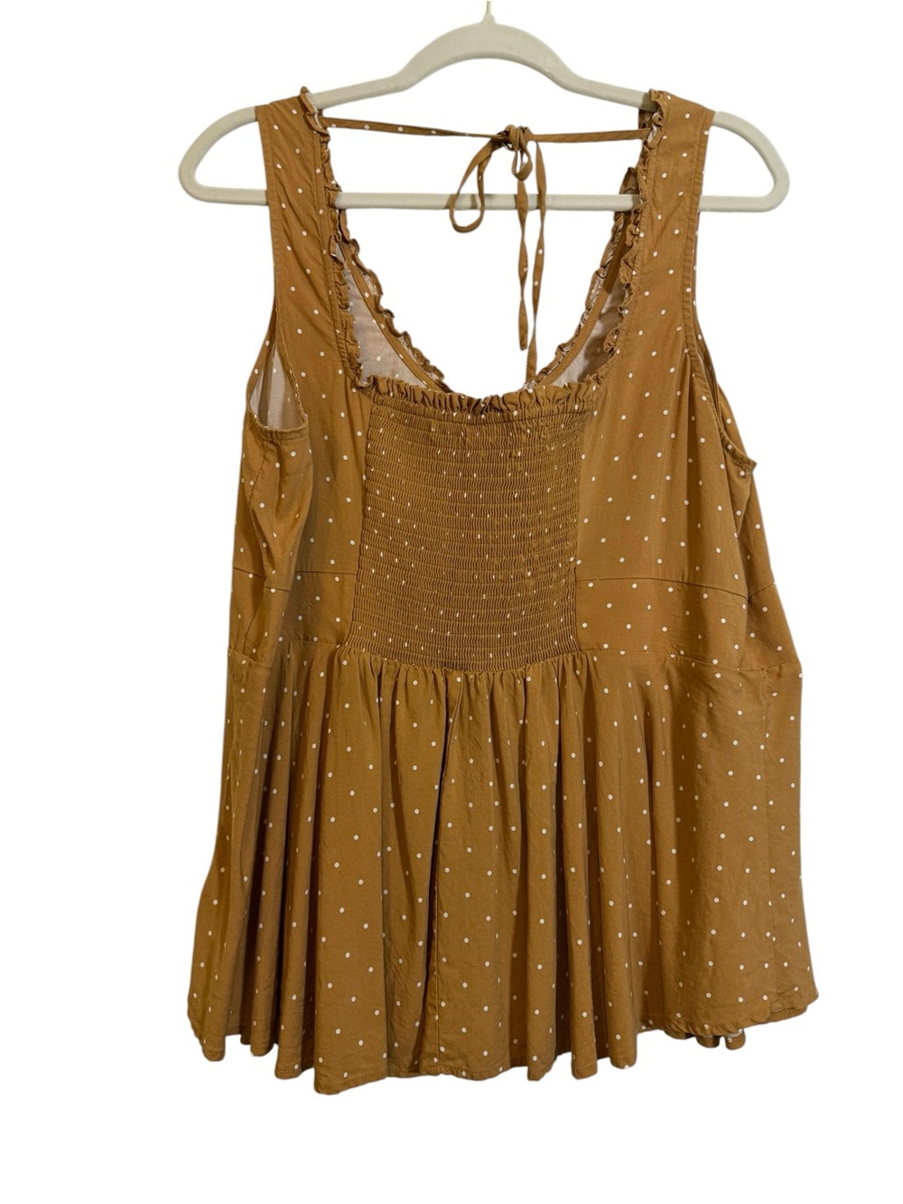 Torrid Mustard Polka Dot Scoop neckline and Ruffled Sleeveless Tie-Back Tank, 1X - Picture 2 of 3